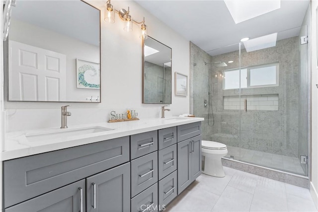 3208 Calle Grande, San Clemente, CA 92672 - bathroom with double vanity, a stall shower, and tile patterned flooring