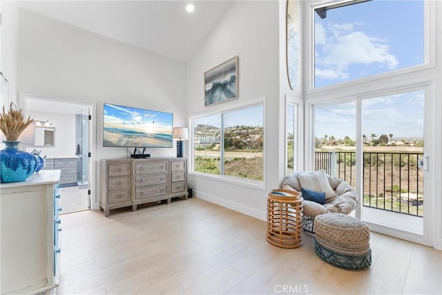 3208 Calle Grande, San Clemente, CA 92672 - living area with high vaulted ceiling, light wood-style floors, and recessed lighting