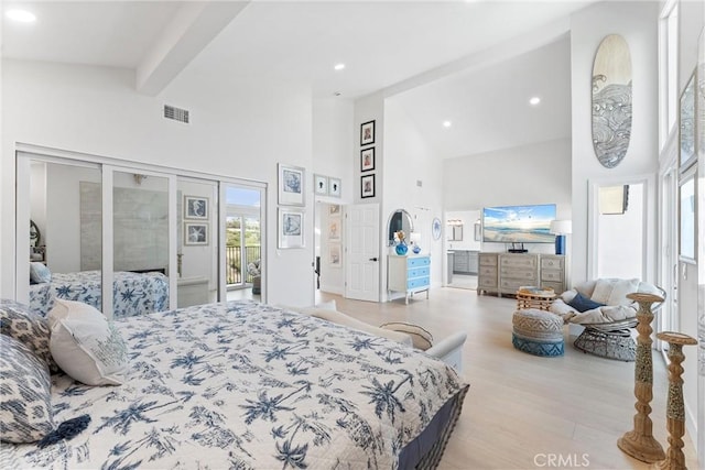 3208 Calle Grande, San Clemente, CA 92672 - bedroom with high vaulted ceiling, multiple windows, access to outside, wood finished floors, and beamed ceiling
