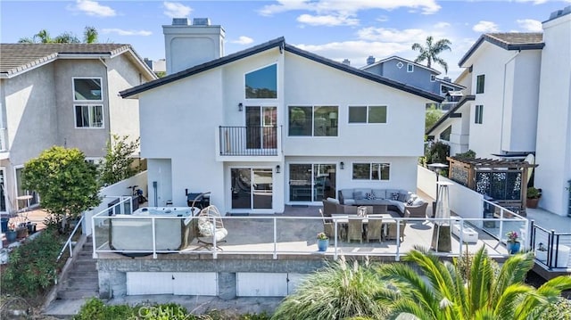 3208 Calle Grande, San Clemente, CA 92672 - back of house featuring stucco siding, a balcony, outdoor lounge area, a patio area, and a chimney
