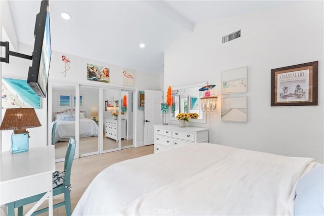 3208 Calle Grande, San Clemente, CA 92672 - bedroom with beam ceiling, light wood-type flooring, high vaulted ceiling, and recessed lighting