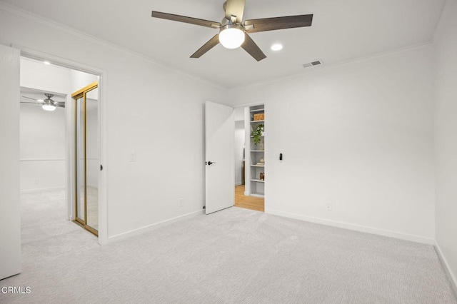 4071 Doane St, Ventura, CA 93003 - unfurnished bedroom featuring light carpet, ornamental molding, a ceiling fan, and recessed lighting