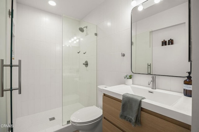 4071 Doane St, Ventura, CA 93003 - full bath featuring a tile shower, vanity, tile walls, and recessed lighting