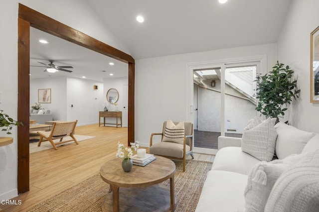 4071 Doane St, Ventura, CA 93003 - living room featuring light wood-style floors, ceiling fan, recessed lighting, and lofted ceiling