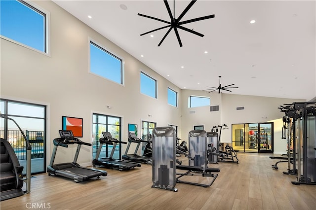 36342 Warren Dr, Palm Desert, CA 92211 - workout area with a towering ceiling, light wood-type flooring, recessed lighting, and ceiling fan