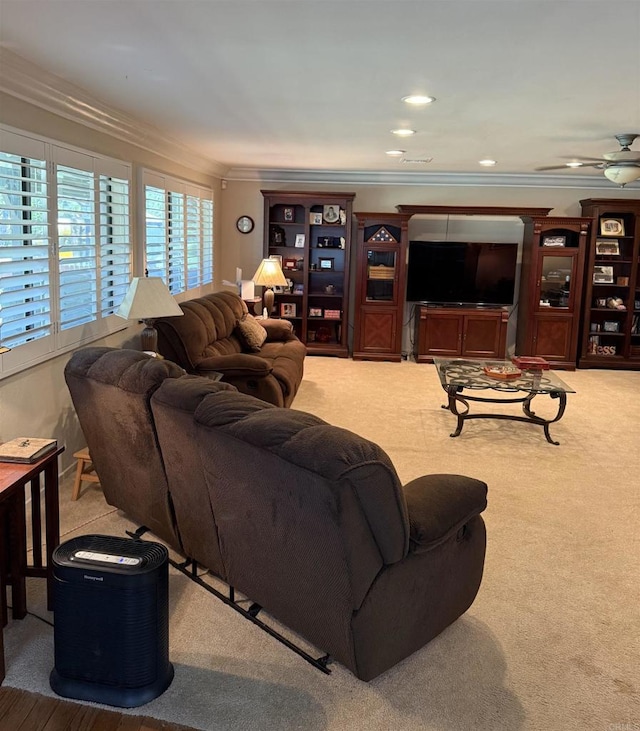 9168 Old Castle Rd, Valley Center, CA 92082 - living area with ornamental molding, carpet flooring, and a ceiling fan