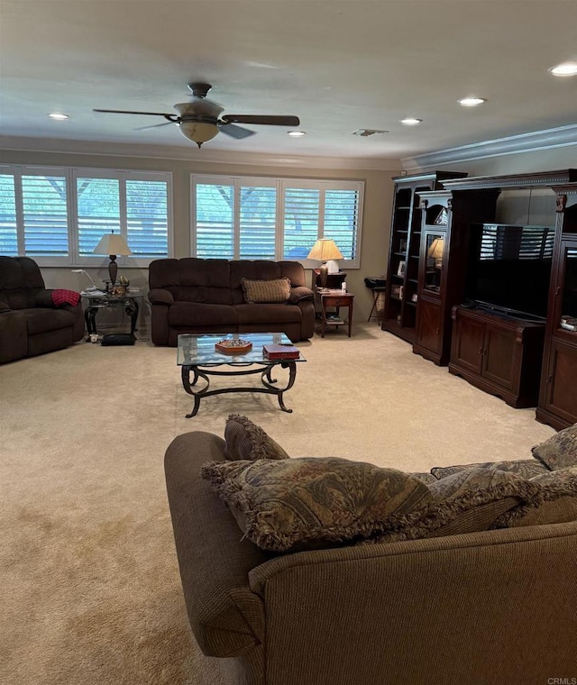 9168 Old Castle Rd, Valley Center, CA 92082 - living area featuring carpet floors, ornamental molding, a ceiling fan, and recessed lighting