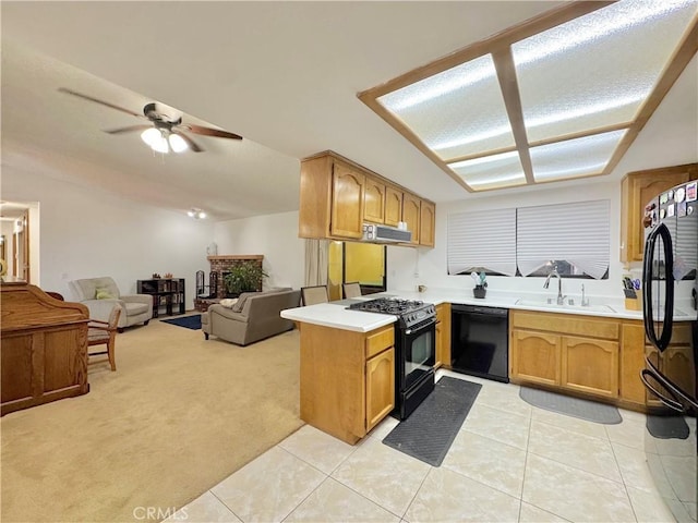 6774 Galleta Ave Unit 29, Palms, CA 92277 - kitchen featuring black appliances, open floor plan, light countertops, ceiling fan, and light tile patterned flooring