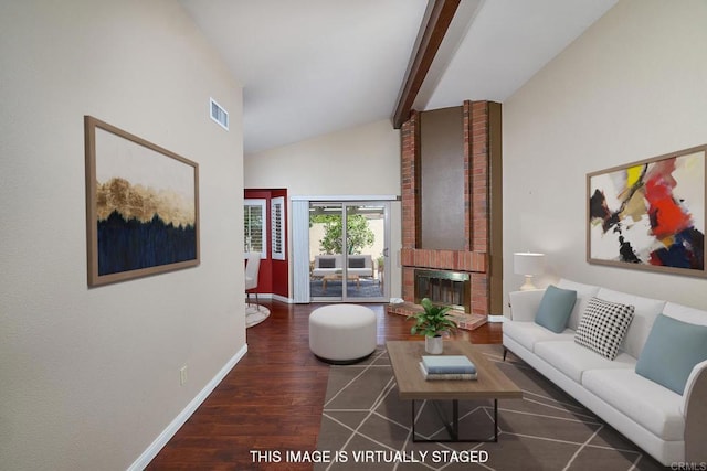 932 Alyssum Rd, Carlsbad, CA 92011 - living room featuring wood finished floors, beamed ceiling, a fireplace, and high vaulted ceiling