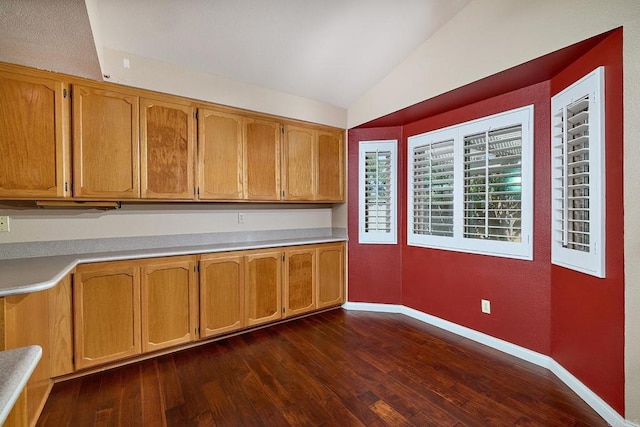 932 Alyssum Rd, Carlsbad, CA 92011 - kitchen with vaulted ceiling, dark wood finished floors, light countertops, and brown cabinets