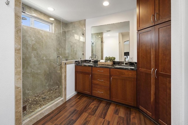 647 Boysenberry Way, Oceanside, CA 92057 - full bath with wood finished floors, a stall shower, double vanity, and recessed lighting