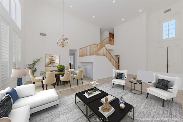 2768 Somerset Pl, Rowland Heights, CA 91748 - living area featuring a towering ceiling, stairs, wood finished floors, a chandelier, and recessed lighting