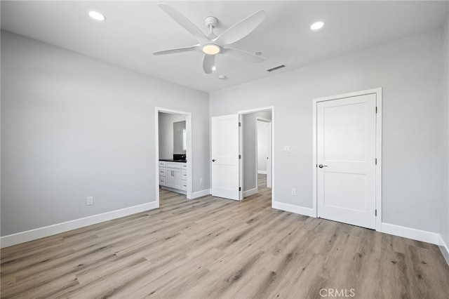 11128 Stamy Rd, Whittier, CA 90604 - unfurnished bedroom with light wood-type flooring, ensuite bath, recessed lighting, and ceiling fan