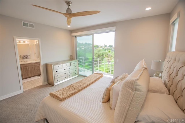 7570 Gibraltar St Unit 101, Carlsbad, CA 92009 - bedroom with access to outside, light colored carpet, connected bathroom, recessed lighting, and a ceiling fan