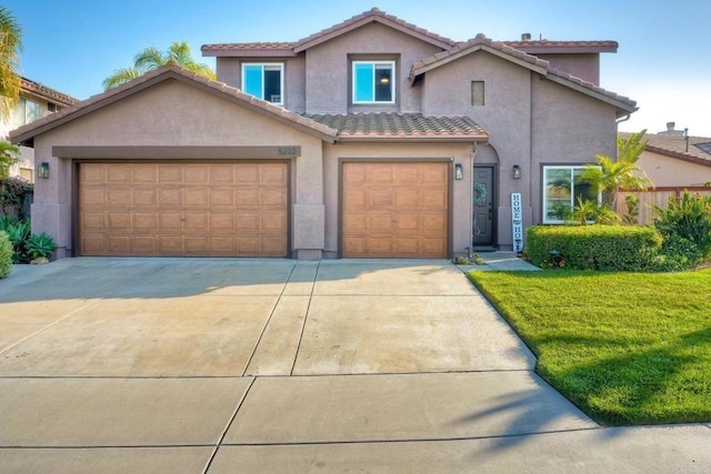 5232 Palmera Dr, Oceanside, CA 92056 - view of front of house with concrete driveway, stucco siding, a tiled roof, a front lawn, and an attached garage