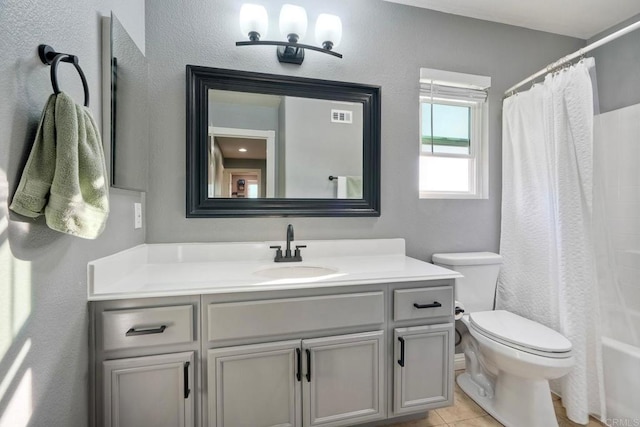 5232 Palmera Dr, Oceanside, CA 92056 - full bathroom featuring vanity, tile patterned flooring, and shower / bathtub combination with curtain