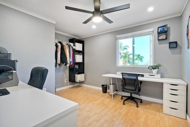 5232 Palmera Dr, Oceanside, CA 92056 - office space with a ceiling fan, light wood-type flooring, crown molding, and recessed lighting