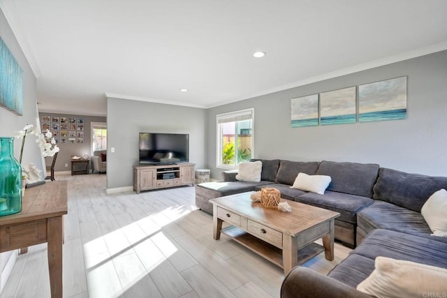 5232 Palmera Dr, Oceanside, CA 92056 - living room with ornamental molding, light wood-style flooring, and recessed lighting