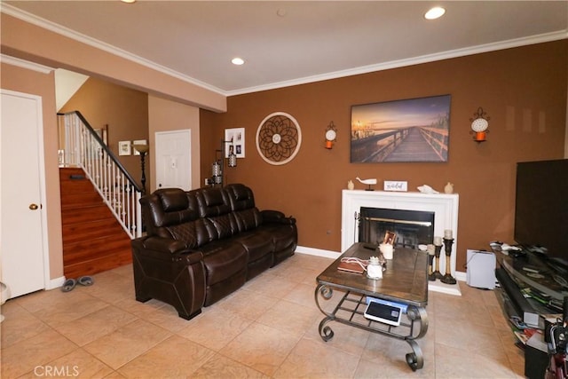 13421 Hubbard St Unit 119, Sylmar, CA 91342 - living room with stairs, ornamental molding, recessed lighting, a fireplace, and light tile patterned floors