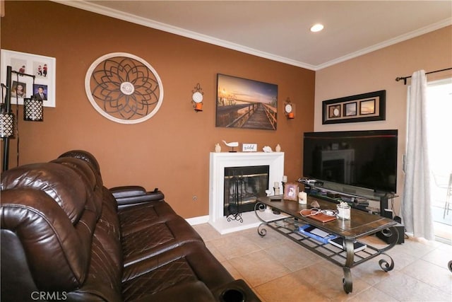 13421 Hubbard St Unit 119, Sylmar, CA 91342 - tiled living room with a fireplace with raised hearth, crown molding, and recessed lighting