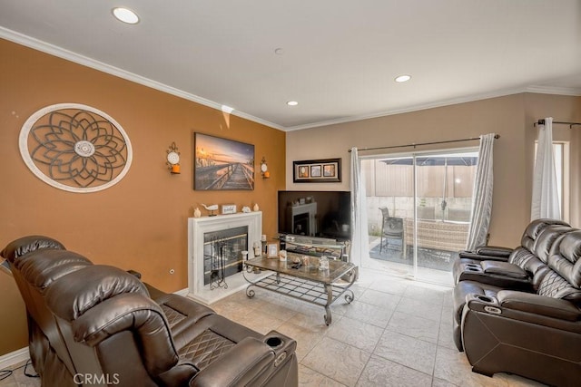 13421 Hubbard St Unit 119, Sylmar, CA 91342 - living room featuring crown molding, a fireplace, recessed lighting, and light tile patterned floors