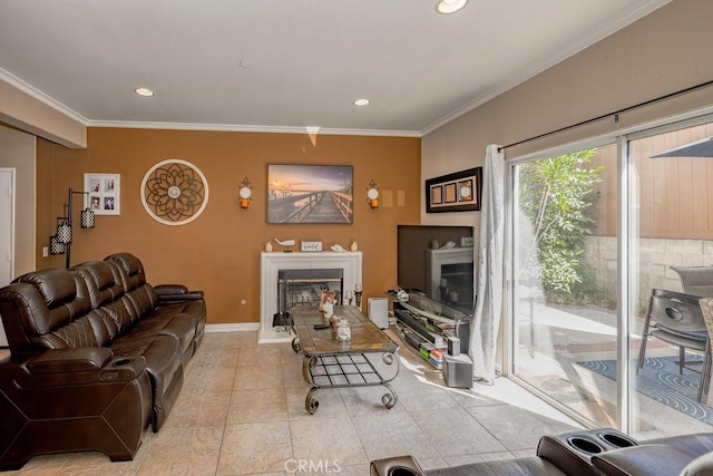 13421 Hubbard St Unit 119, Sylmar, CA 91342 - living room with a fireplace, ornamental molding, and recessed lighting