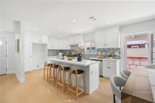 20832 Halldale Ave, Torrance, CA 90501 - kitchen with stainless steel appliances, decorative backsplash, white cabinets, light wood-style floors, and recessed lighting