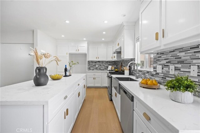20832 Halldale Ave, Torrance, CA 90501 - kitchen with stainless steel appliances, under cabinet range hood, white cabinetry, light wood-type flooring, and backsplash