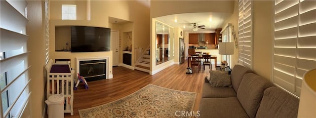 2690 Peralta Ct, Tustin, CA 92782 - living room with a ceiling fan, wood finished floors, and a glass covered fireplace