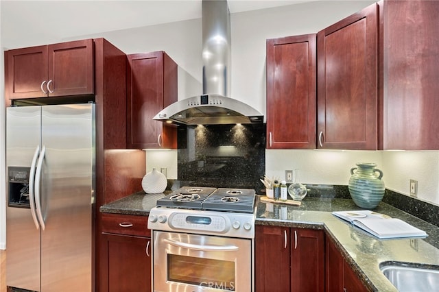 210 N Stage Coach Ln, Fallbrook, CA 92028 - kitchen with stainless steel appliances, wall chimney exhaust hood, and reddish brown cabinets