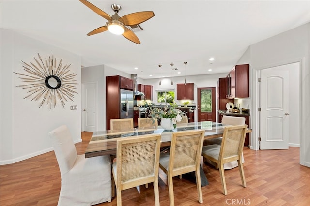 210 N Stage Coach Ln, Fallbrook, CA 92028 - dining room featuring light wood-type flooring, a ceiling fan, and recessed lighting