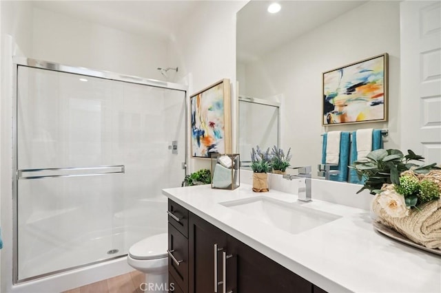38840 Malva Rosa Dr, Palmdale, CA 93551 - bathroom featuring vanity, a stall shower, and recessed lighting