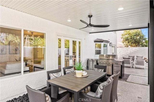 26592 Tampico Pl, Mission Viejo, CA 92691 - view of patio / terrace featuring outdoor dining area, a ceiling fan, french doors, and area for grilling