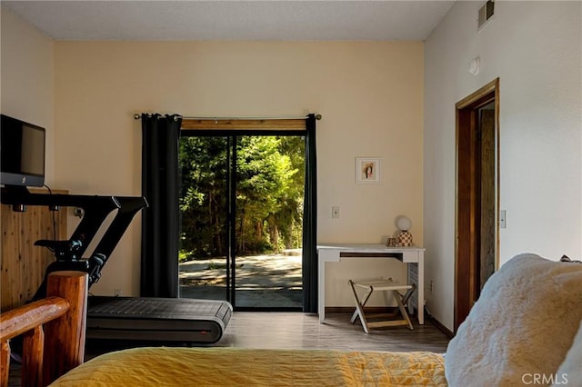161 Pine Ridge Rd, Crestline, CA 92325 - bedroom with access to exterior and wood finished floors