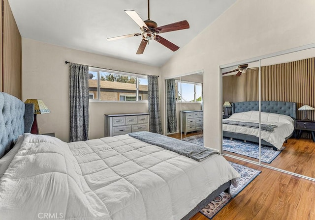 1745 Neil Armstrong Ave Unit 104, Montebello, CA 90640 - bedroom featuring two closets, wood finished floors, ceiling fan, and high vaulted ceiling