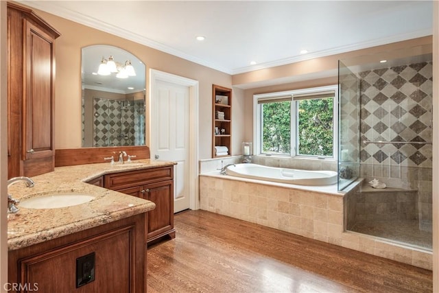 869 Rincon Ln, Palos Verdes Estates, CA 90274 - full bath with vanity, wood finished floors, a garden tub, crown molding, and tiled shower