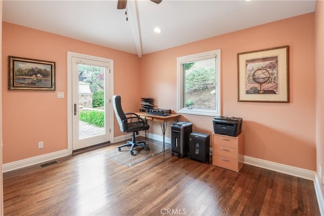 869 Rincon Ln, Palos Verdes Estates, CA 90274 - home office with wood finished floors, plenty of natural light, a ceiling fan, and recessed lighting