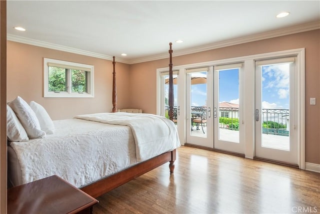 869 Rincon Ln, Palos Verdes Estates, CA 90274 - bedroom featuring french doors, access to outside, wood finished floors, ornamental molding, and recessed lighting