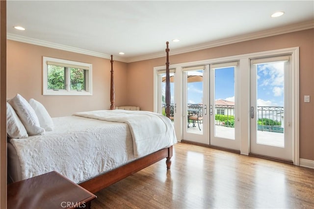 869 Rincon Ln, Palos Verdes Estates, CA 90274 - bedroom featuring french doors, access to outside, wood finished floors, ornamental molding, and recessed lighting