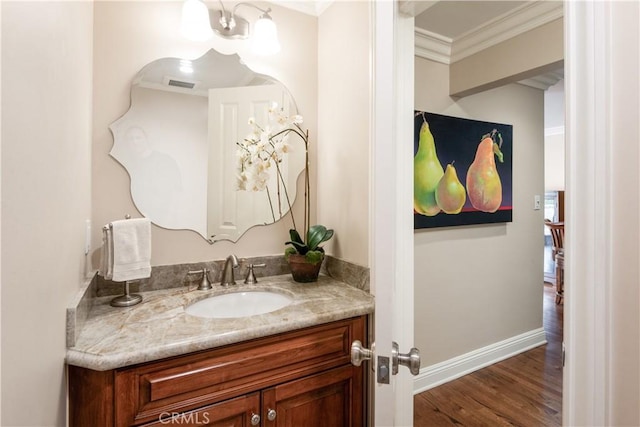 869 Rincon Ln, Palos Verdes Estates, CA 90274 - bathroom with vanity, ornamental molding, and wood finished floors