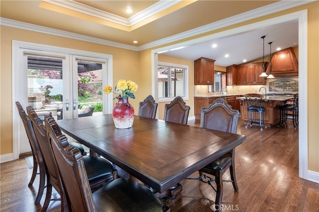869 Rincon Ln, Palos Verdes Estates, CA 90274 - dining room with french doors, dark wood-style flooring, ornamental molding, and recessed lighting
