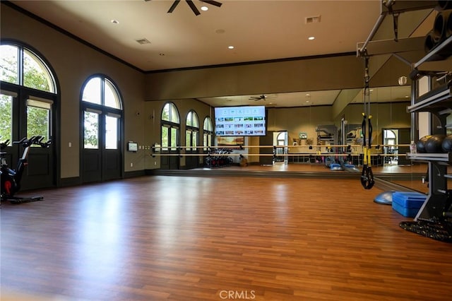 11537 Alton Dr, Corona, CA 92883 - exercise room featuring ceiling fan, wood finished floors, ornamental molding, and a towering ceiling
