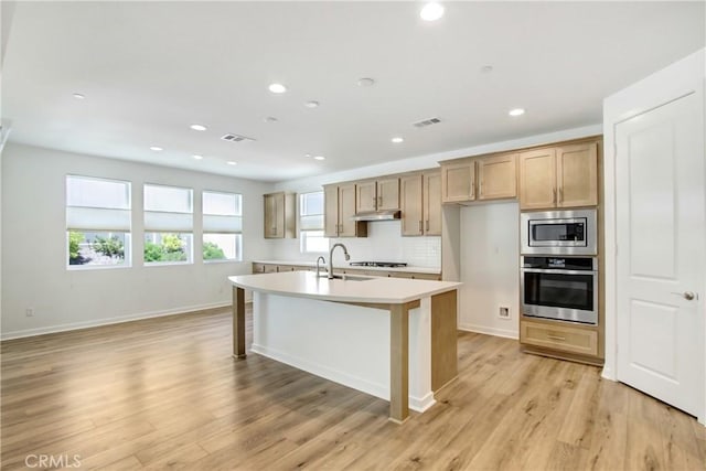 32210 Hillstone St, Temecula, CA 92591 - kitchen with stainless steel appliances, under cabinet range hood, light wood-type flooring, recessed lighting, and light countertops