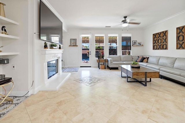 2814 Rambling Vista Rd, Chula Vista, CA 91915 - living room with ornamental molding, ceiling fan, a glass covered fireplace, and tile patterned flooring