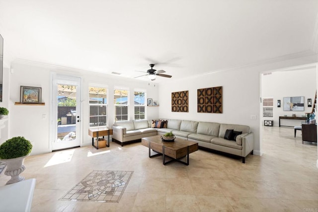 2814 Rambling Vista Rd, Chula Vista, CA 91915 - living area featuring ornamental molding, ceiling fan, and light tile patterned floors
