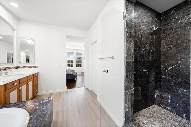 2814 Rambling Vista Rd, Chula Vista, CA 91915 - ensuite bathroom with vanity, a marble finish shower, wood finished floors, and recessed lighting