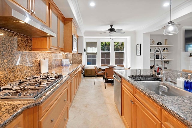 2814 Rambling Vista Rd, Chula Vista, CA 91915 - kitchen featuring appliances with stainless steel finishes, under cabinet range hood, ceiling fan, tasteful backsplash, and ornamental molding