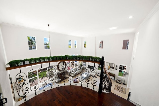 2814 Rambling Vista Rd, Chula Vista, CA 91915 - hall featuring ornamental molding, wood finished floors, an upstairs landing, plenty of natural light, and recessed lighting