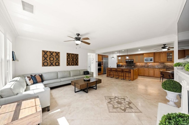 2814 Rambling Vista Rd, Chula Vista, CA 91915 - living room with ceiling fan, ornamental molding, and light tile patterned floors
