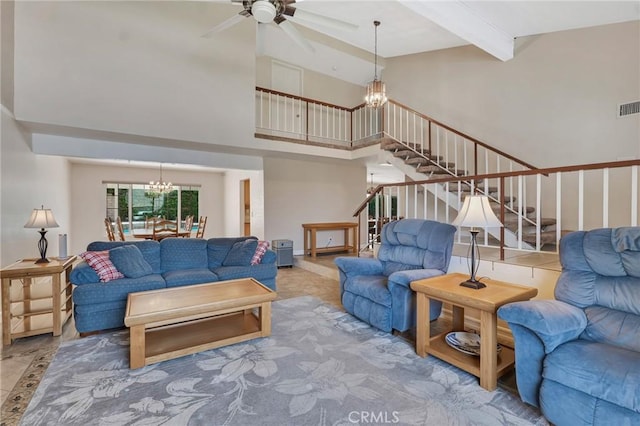 2146 N Brower St, Simi Valley, CA 93065 - living room featuring a chandelier, high vaulted ceiling, stairway, ceiling fan, and beamed ceiling